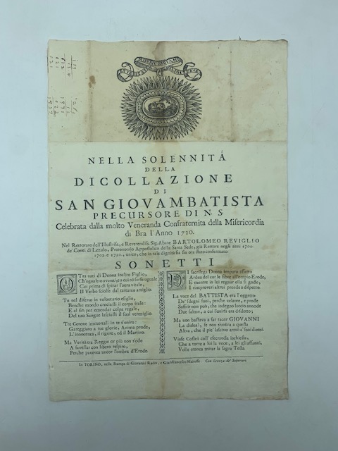 Nella solennità della dicollazione di San Giovambattista precursore di N. S. celebrata dalla molto Veneranda Confraternita della Misericordia di Bra l'anno 1720... Sonetti